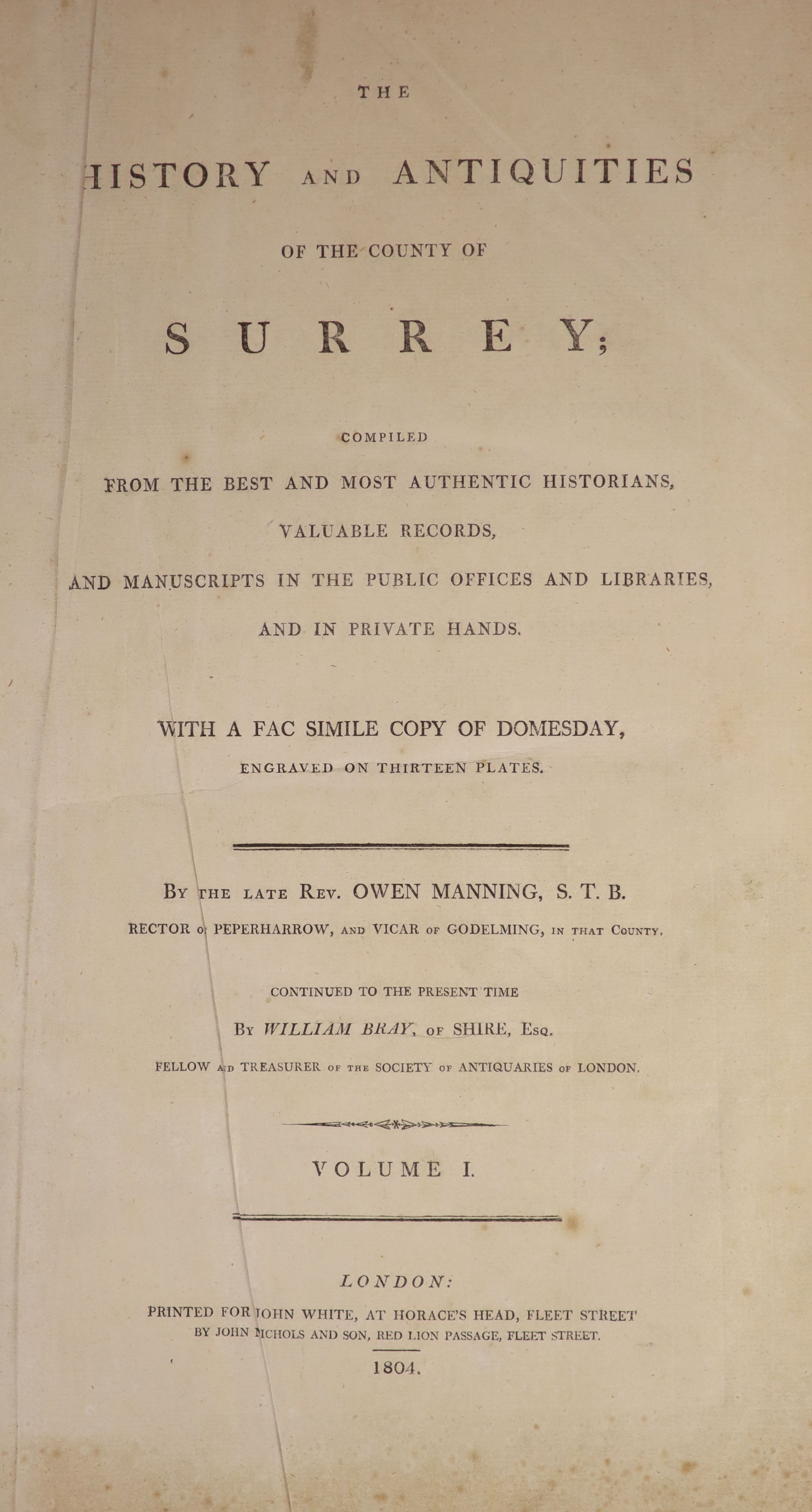 Manning, Owen and Bray, William- The History and Antiquities of the County of Surrey, 3 vols, 1st edition, folio, contemporary half calf with later gilt labels, with 2 folded maps, folded tables and 84 plates (including